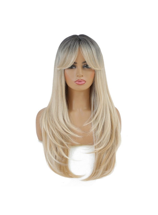 SWACC Long Layered Straight Wig with Bangs Synthetic Hair Wig for Women with Wig Cap (Brown Root Ombre Blonde) - Image 1