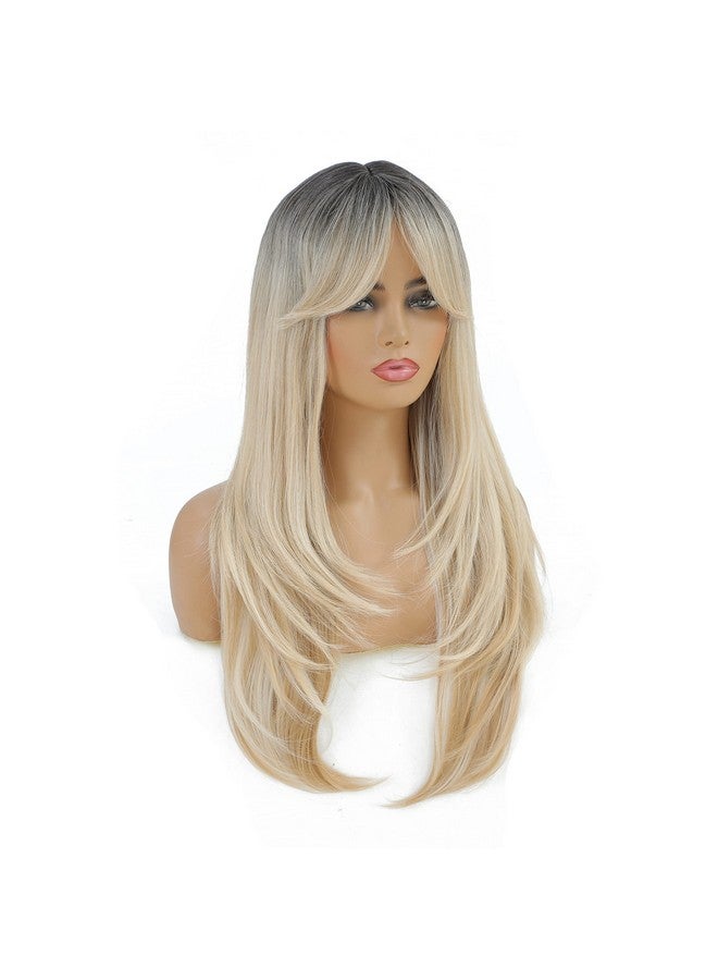 SWACC Long Layered Straight Wig with Bangs Synthetic Hair Wig for Women with Wig Cap (Brown Root Ombre Blonde) - Image 3