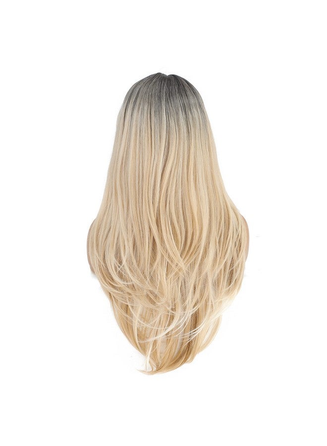 SWACC Long Layered Straight Wig with Bangs Synthetic Hair Wig for Women with Wig Cap (Brown Root Ombre Blonde) - Image 2