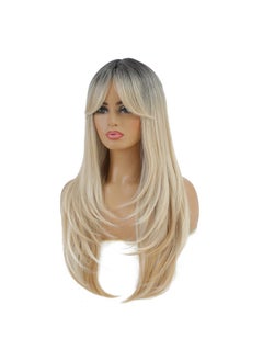 SWACC SWACC Long Layered Straight Wig with Bangs Synthetic Hair Wig for Women with Wig Cap (Brown Root Ombre Blonde)  - Image 4