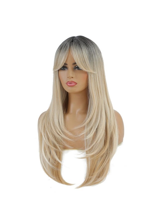 SWACC Long Layered Straight Wig with Bangs Synthetic Hair Wig for Women with Wig Cap (Brown Root Ombre Blonde) - Image 4