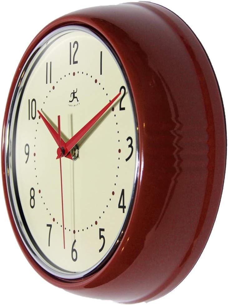 Infinity Instruments LTD. Retro 9 inch Silent Sweep Non-Ticking Mid Century Modern Kitchen Diner Wall Clock Quartz Movement Retro Wall Clock Decorative (Red)… - Image 3