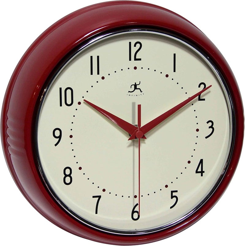 Infinity Instruments LTD. Retro 9 inch Silent Sweep Non-Ticking Mid Century Modern Kitchen Diner Wall Clock Quartz Movement Retro Wall Clock Decorative (Red)… - Image 1