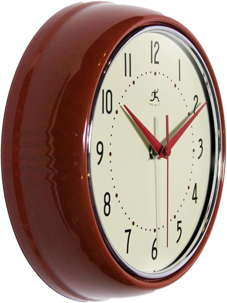 Infinity Instruments LTD. Retro 9 inch Silent Sweep Non-Ticking Mid Century Modern Kitchen Diner Wall Clock Quartz Movement Retro Wall Clock Decorative (Red)… - Image 2