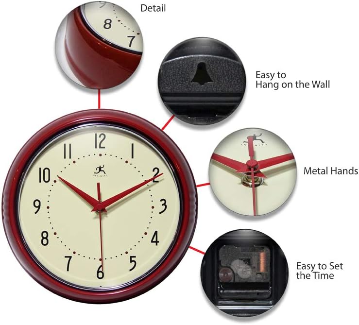 Infinity Instruments LTD. Retro 9 inch Silent Sweep Non-Ticking Mid Century Modern Kitchen Diner Wall Clock Quartz Movement Retro Wall Clock Decorative (Red)… - Image 5