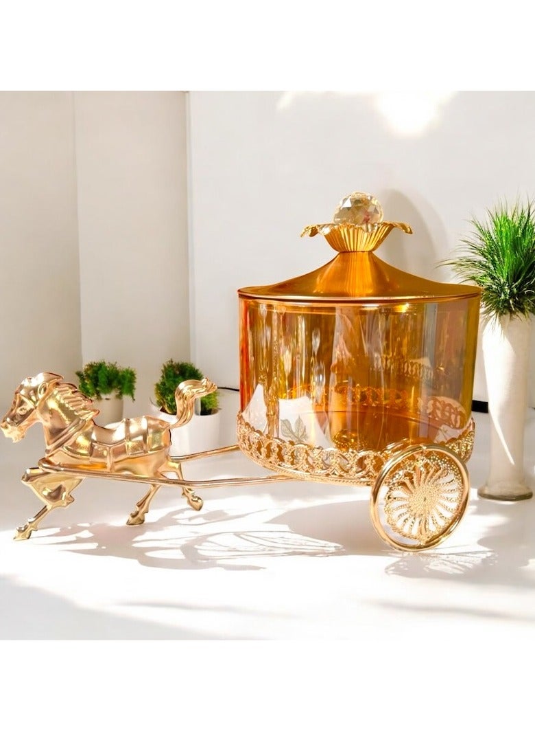 أولودينيز  علبة حلوى فاخرة على شكل عربة حصان – حافظة زجاجية بغطاء ذهبي للتمر أو الحلويات أو الديكور المنزلي - Image 1