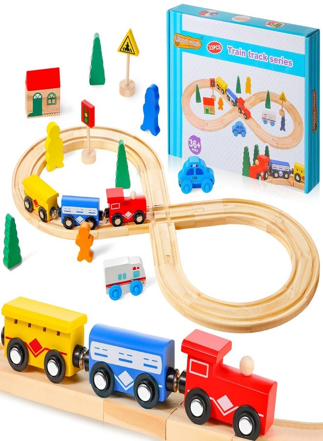 Civaner 33 Pcs Wooden Train Tracks and Magnetic Trains Christmas Packed Toy Railway Carriages Kits for Kids, Toddler, Boys and Girls Play Accessories - Image 1