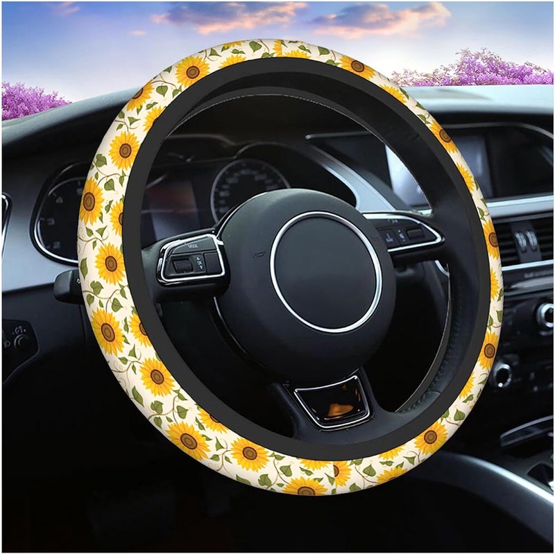 Swono Steering Wheel Cover for Men Women Sunflower Vintage Sunflower and Green Leaves Yellow Universal 15 Inch Anti-Slip Odorless Breathable Car Wheel Protector - Image 1
