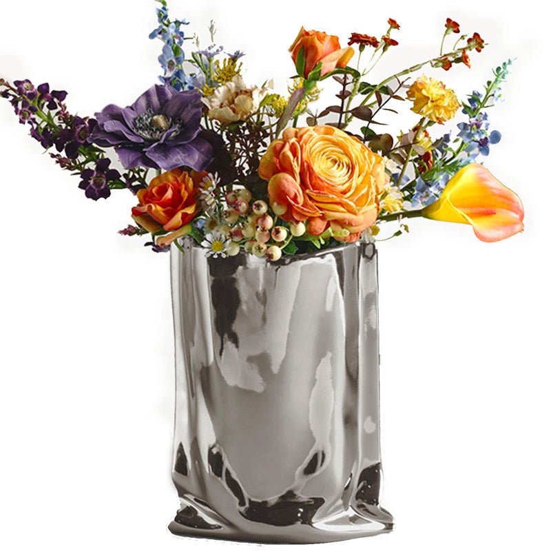 BLOFLO STU BLOFLO Silver Ceramic Modern Vase Crinkle Fold Paper Bag Handmade Ceramic Vase Creative Flower Arrangement Ornaments Decorative Vases for Home Decor Mantel Living Room Decoration Silver 