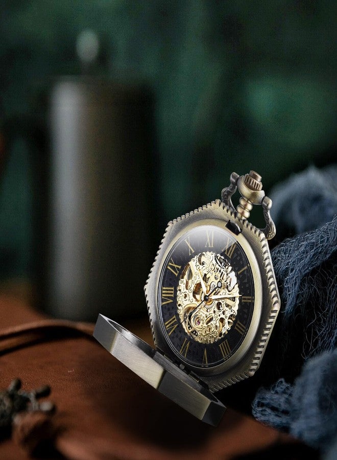 BOSHIYA Mechanical Pocket Watch Luminous Steampunk Vintage Pocket Watch/with Chains/Hand Wind Up/Black Skeleton/Dial Roman Numberals…, Octagon-Bronze, Retro - Image 2
