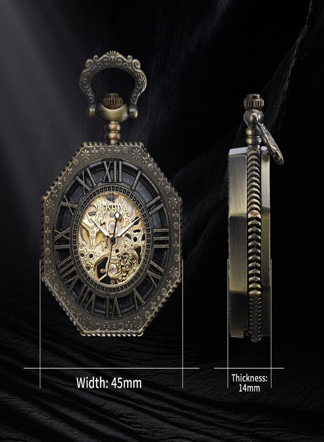 BOSHIYA Mechanical Pocket Watch Luminous Steampunk Vintage Pocket Watch/with Chains/Hand Wind Up/Black Skeleton/Dial Roman Numberals…, Octagon-Bronze, Retro - Image 5
