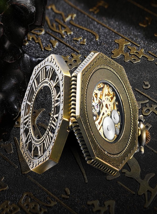 BOSHIYA Mechanical Pocket Watch Luminous Steampunk Vintage Pocket Watch/with Chains/Hand Wind Up/Black Skeleton/Dial Roman Numberals…, Octagon-Bronze, Retro - Image 3