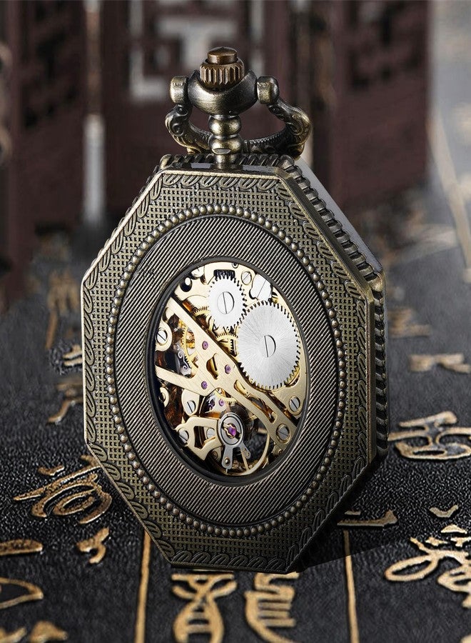 BOSHIYA Mechanical Pocket Watch Luminous Steampunk Vintage Pocket Watch/with Chains/Hand Wind Up/Black Skeleton/Dial Roman Numberals…, Octagon-Bronze, Retro - Image 4