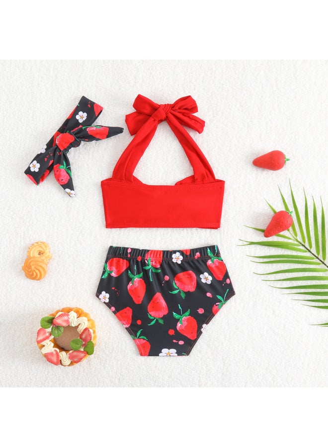 Generic Strawberry Printed Girls' Swimsuit Baby And Toddler Red Sling 3-piece Swimsuit Split Bow Swimming-Color:Lotus Color-Size:80 - Image 4