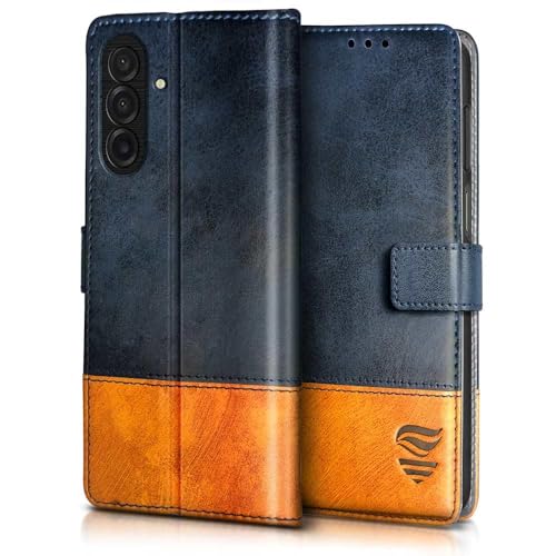 FLIPPED Vegan Leather Flip Case Back Cover for Samsung Galaxy M17 5G | A17 5G | F17 5G (Flexible, Shock Proof | Hand Stitched Leather Finish | Card Pockets Wallet & Stand | Irish Blue with Tanned Oak) - Image 2