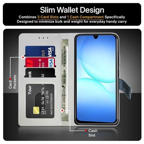 FLIPPED Vegan Leather Flip Case Back Cover for Samsung Galaxy M17 5G | A17 5G | F17 5G (Flexible, Shock Proof | Hand Stitched Leather Finish | Card Pockets Wallet & Stand | Irish Blue with Tanned Oak) - Image 3