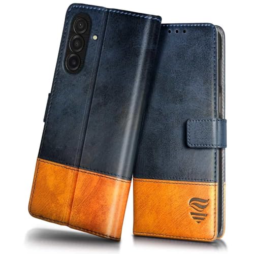 FLIPPED Vegan Leather Flip Case Back Cover for Samsung Galaxy M17 5G | A17 5G | F17 5G (Flexible, Shock Proof | Hand Stitched Leather Finish | Card Pockets Wallet & Stand | Irish Blue with Tanned Oak) - Image 1
