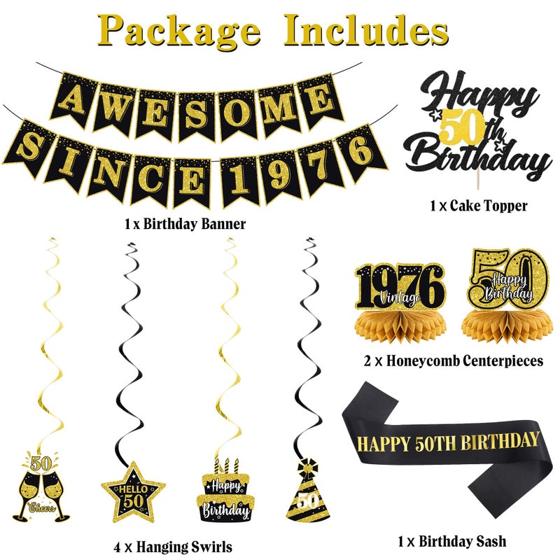 Roetyce 50th Birthday Decorations Men Women, Black Gold Back in 1976 Poster Backdrop Balloons Hanging Swirls, Happy 50th Birthday Sash Door Banners, Awesome Since 1976 50 Years Old Party Supplies - Image 2