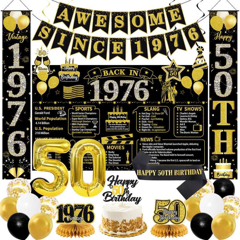 Roetyce 50th Birthday Decorations Men Women, Black Gold Back in 1976 Poster Backdrop Balloons Hanging Swirls, Happy 50th Birthday Sash Door Banners, Awesome Since 1976 50 Years Old Party Supplies - Image 1