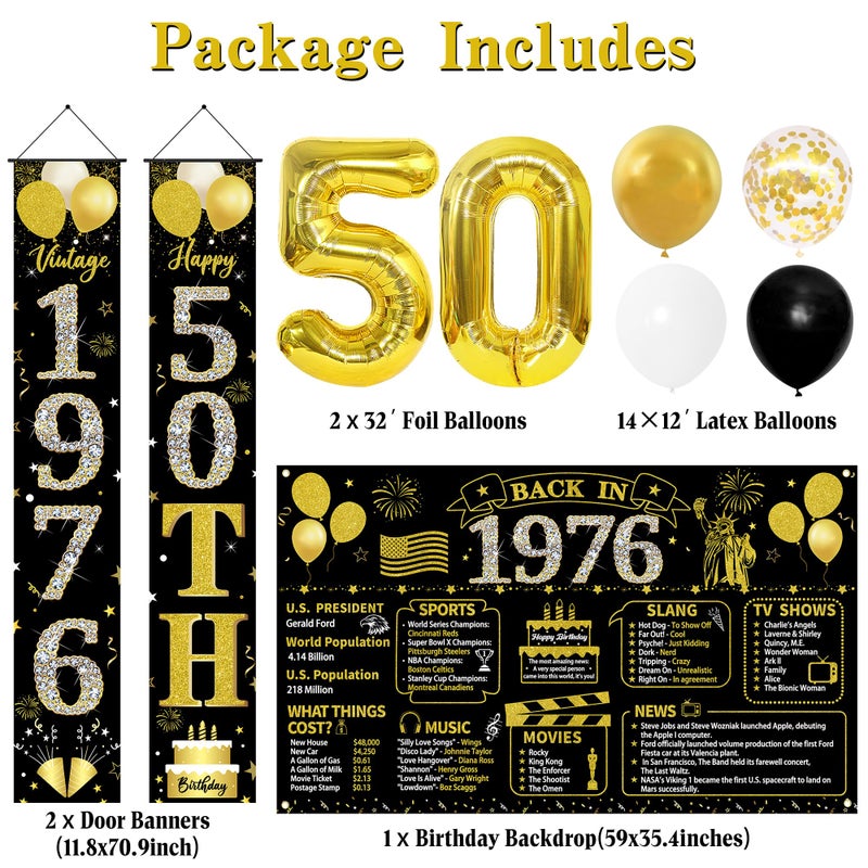 Roetyce 50th Birthday Decorations Men Women, Black Gold Back in 1976 Poster Backdrop Balloons Hanging Swirls, Happy 50th Birthday Sash Door Banners, Awesome Since 1976 50 Years Old Party Supplies - Image 3