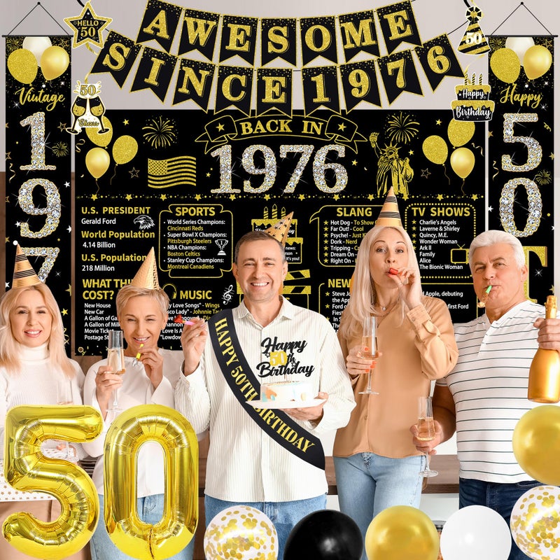 Roetyce 50th Birthday Decorations Men Women, Black Gold Back in 1976 Poster Backdrop Balloons Hanging Swirls, Happy 50th Birthday Sash Door Banners, Awesome Since 1976 50 Years Old Party Supplies - Image 4