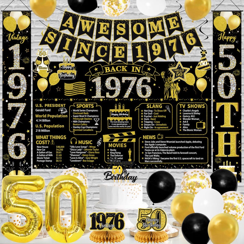 Roetyce 50th Birthday Decorations Men Women, Black Gold Back in 1976 Poster Backdrop Balloons Hanging Swirls, Happy 50th Birthday Sash Door Banners, Awesome Since 1976 50 Years Old Party Supplies - Image 5
