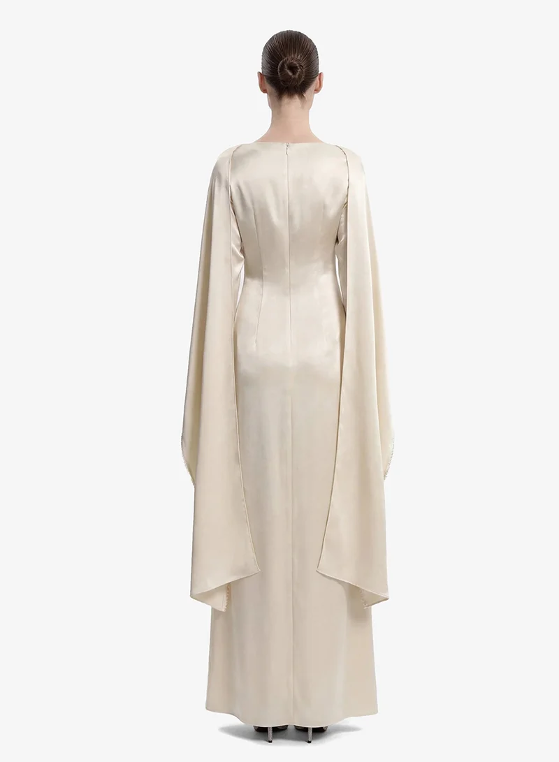 JW PEI Pearl Trimmed Cape Sleeve Boat Neck Maxi Dress