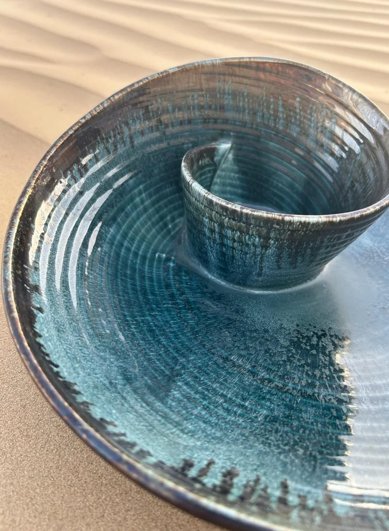 Tohfa Luxe TohfaLuxe Blue Bloom -Handmade Ceramic Chip & Dip Bowl - Large