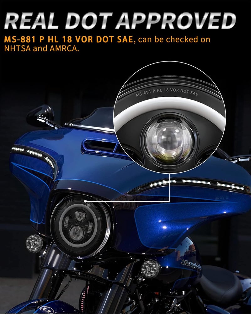XPCTD 7 Inch LED Headlight DOT DRL Light Halo Bulb Kit for Touring Street Glide Road King Ultra Classic Electra Glide FatBoy Tri Cvo Heritage Softail Slim Deluxe Switchback Black - Image 3