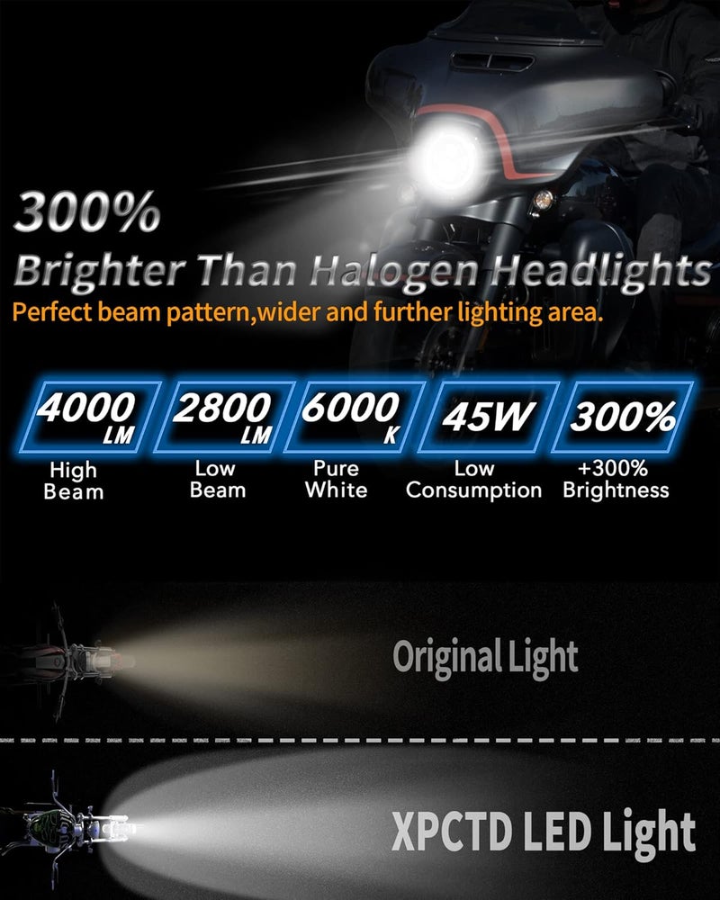 XPCTD 7 Inch LED Headlight DOT DRL Light Halo Bulb Kit for Touring Street Glide Road King Ultra Classic Electra Glide FatBoy Tri Cvo Heritage Softail Slim Deluxe Switchback Black - Image 2