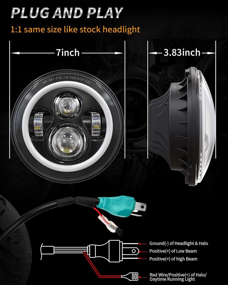 XPCTD 7 Inch LED Headlight DOT DRL Light Halo Bulb Kit for Touring Street Glide Road King Ultra Classic Electra Glide FatBoy Tri Cvo Heritage Softail Slim Deluxe Switchback Black - Image 4