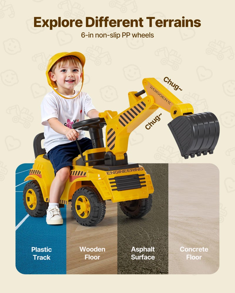 VEVOR Ride On Toddler Car, Push Car for Toddler 19 to 36 Months, Excavator Digger Toy with Helmet & Music, 55 lbs Load Capacity, Foot-to-Floor Walker for Kids, Yellow - Image 5
