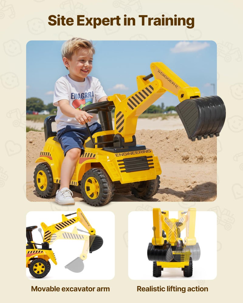 VEVOR Ride On Toddler Car, Push Car for Toddler 19 to 36 Months, Excavator Digger Toy with Helmet & Music, 55 lbs Load Capacity, Foot-to-Floor Walker for Kids, Yellow - Image 3