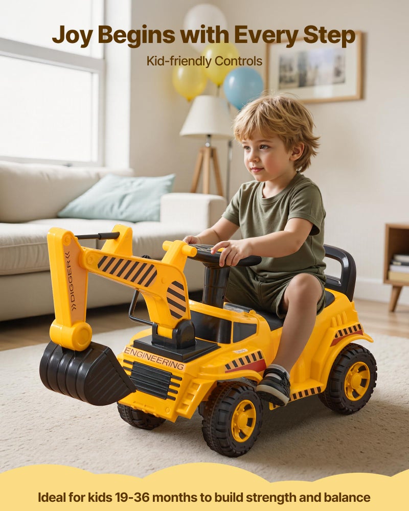 VEVOR Ride On Toddler Car, Push Car for Toddler 19 to 36 Months, Excavator Digger Toy with Helmet & Music, 55 lbs Load Capacity, Foot-to-Floor Walker for Kids, Yellow - Image 2