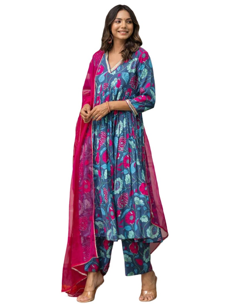 Tee Projekt Women's Cotton Blend V-Neck Anarkali Kurta Pant with Dupatta Set - Image 1