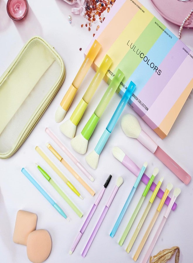 مجموعة فرش مكياج من LULUCOLORS مكونة من 18 قطعة للمبتدئين - مناسبة للسفر بمقابض ناعمة مناسبة لالتهاب المفاصل وشعيرات لا تتساقط | تتضمن حقيبة تخزين وفرش ظلال العيون وإسفنجات (متعددة الألوان) - Image 2