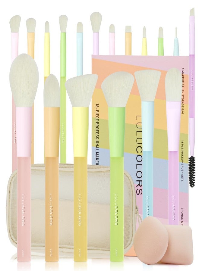 مجموعة فرش مكياج من LULUCOLORS مكونة من 18 قطعة للمبتدئين - مناسبة للسفر بمقابض ناعمة مناسبة لالتهاب المفاصل وشعيرات لا تتساقط | تتضمن حقيبة تخزين وفرش ظلال العيون وإسفنجات (متعددة الألوان) - Image 1