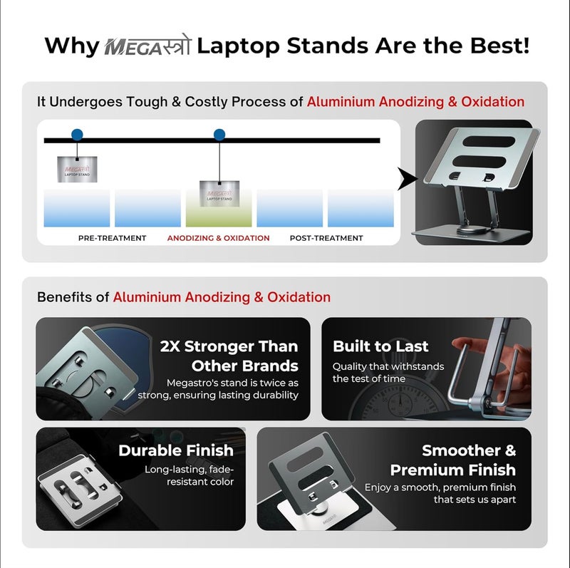 MegaStro Adjustable Laptop Stand with 360 Rotating Base Tabletop Laptop Stand Ergonomic Foldable Portable Laptop Stand Holder Compatible for MacBook HP Dell Lenovo All Other Notebook Grey - Image 3