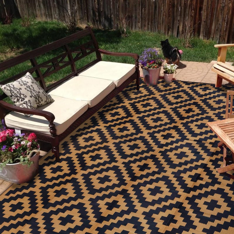 SAND MINE Reversible Mats Plastic Straw Rug Modern Area Rug Large Floor Mat and Rug for Outdoors RV Patio Backyard Deck Picnic Beach Trailer Camping Black  Brown 9 x 18