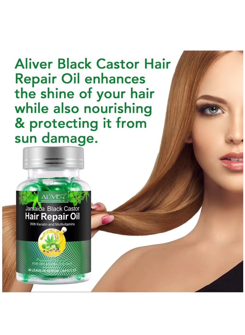 ALIVER 40 Pcs Jamaica Black Castor Hair Repair Oil Capsules Organic Jamaican Black Castor Oil with Keratin & Multivitamins Hair Repair Oil Shines Nourishing Repair Dry & Damaged Hair Treatment Leave-In Serum - Image 3