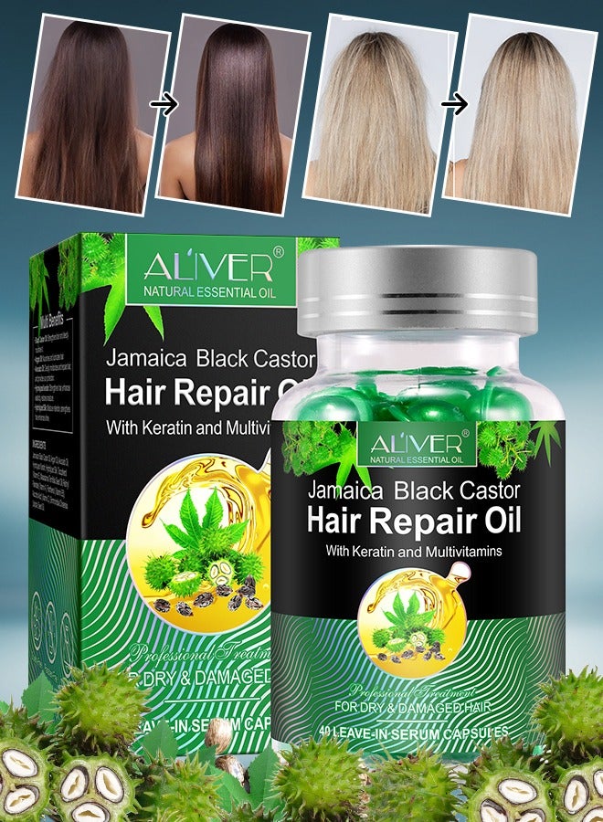 ALIVER 40 Pcs Jamaica Black Castor Hair Repair Oil Capsules Organic Jamaican Black Castor Oil with Keratin & Multivitamins Hair Repair Oil Shines Nourishing Repair Dry & Damaged Hair Treatment Leave-In Serum - Image 1