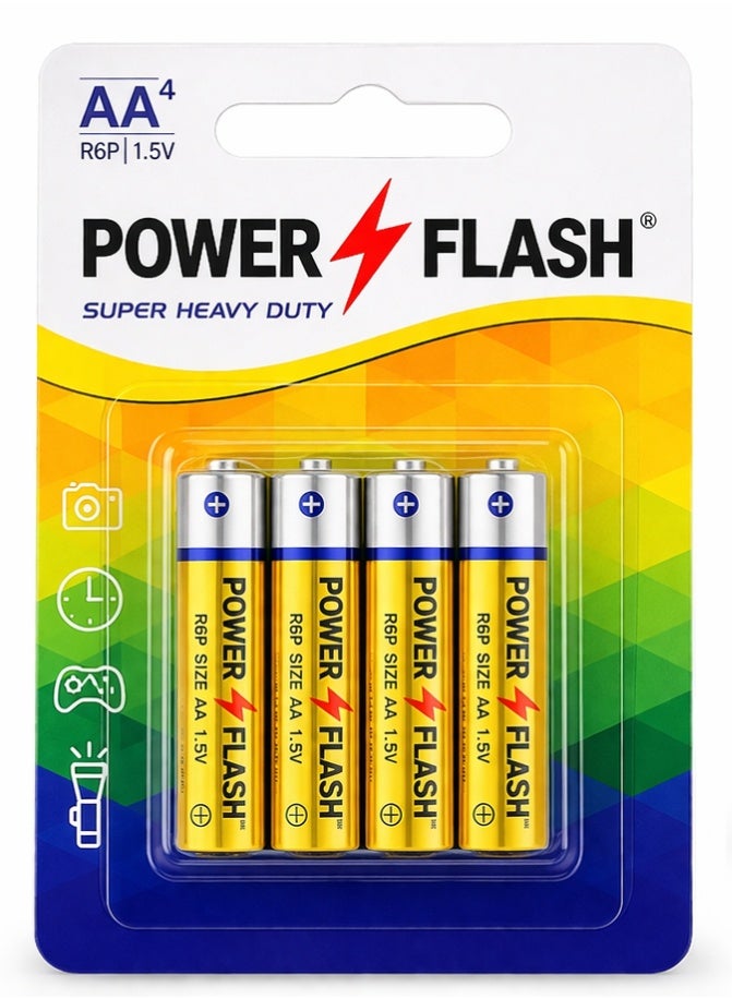 POWER FLASH AA Zinc Batteries 1.5V – Super Heavy Duty – 4 Pieces Card Pack - Image 1