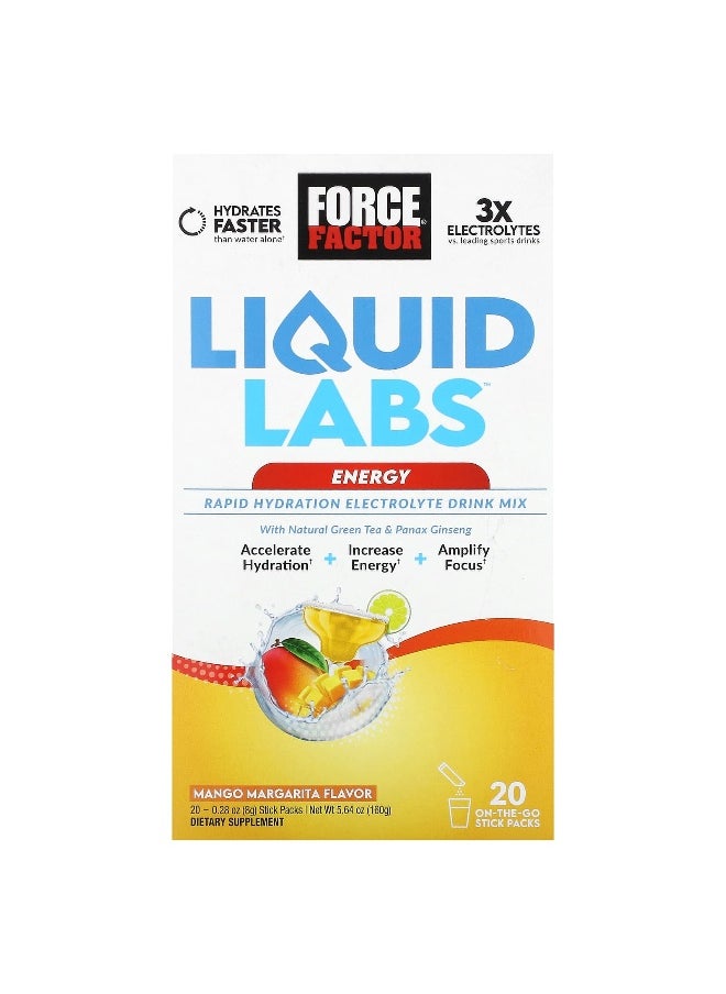 Force Factor Force Factor, Liquid Labs™ Energy, Rapid Hydration Electrolyte Drink Mix, Mango Margarita, 20 Stick Packs, 0.28 oz (8 g) Each  - Image 1
