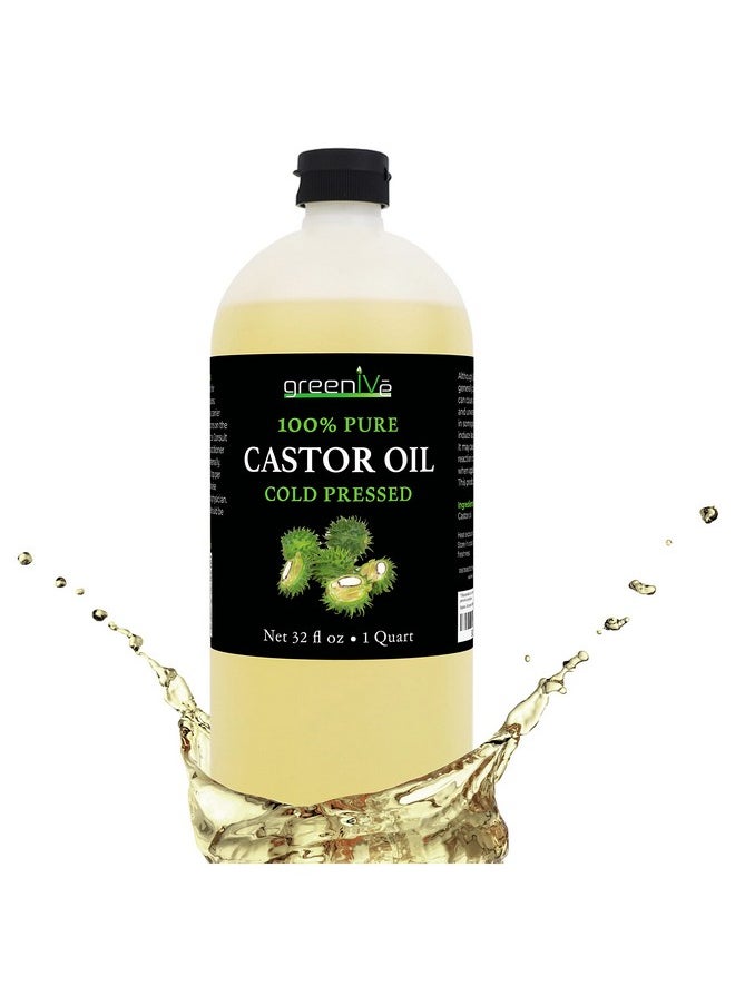 Greenive - Castor Oil Organically Grown 100% Pure 32Oz Bottle Cold Pressed Hexane Free Eyelash And Eybrow Growth Serum Skin Moisturizer Detox And Wraps - Image 1