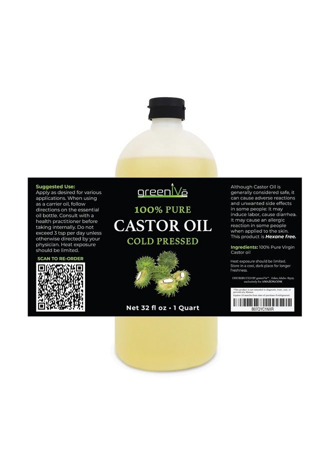 Greenive - Castor Oil Organically Grown 100% Pure 32Oz Bottle Cold Pressed Hexane Free Eyelash And Eybrow Growth Serum Skin Moisturizer Detox And Wraps - Image 1