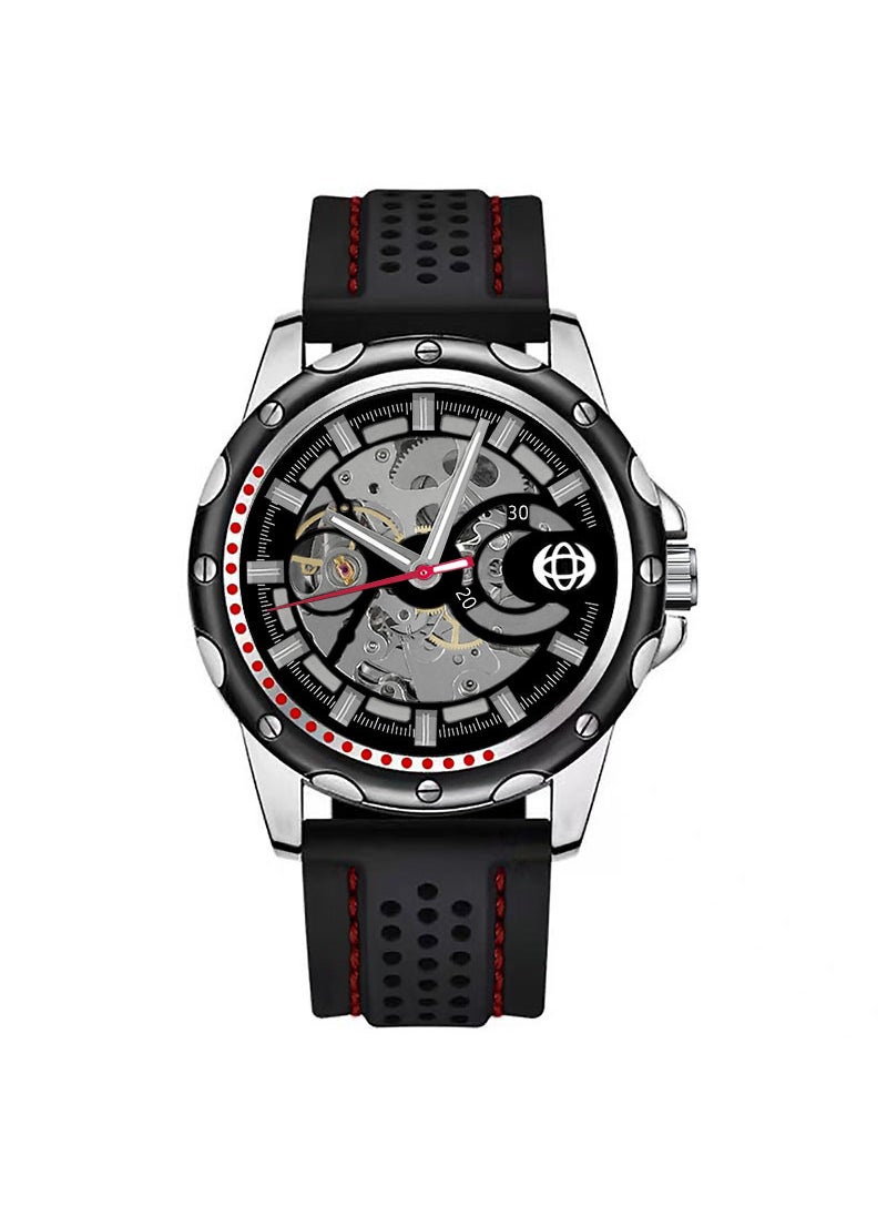 Generic Mens Skeleton Automatic Watch Silicone StrapBlack silver core tape Black silver core tape 