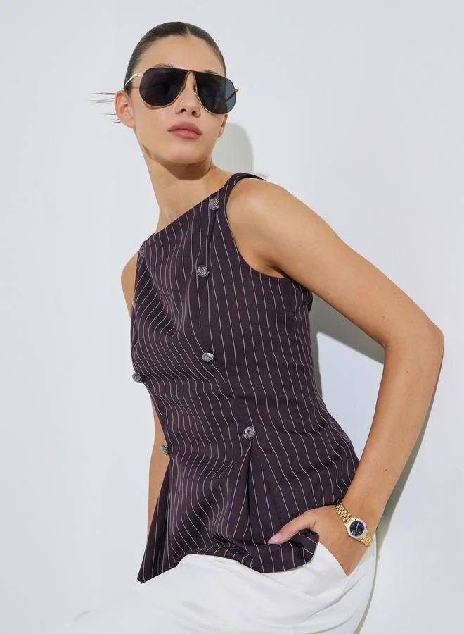 Styli Brown Striped Sleeveless Peplum Top