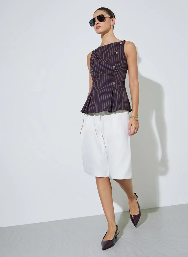 Styli Brown Striped Sleeveless Peplum Top