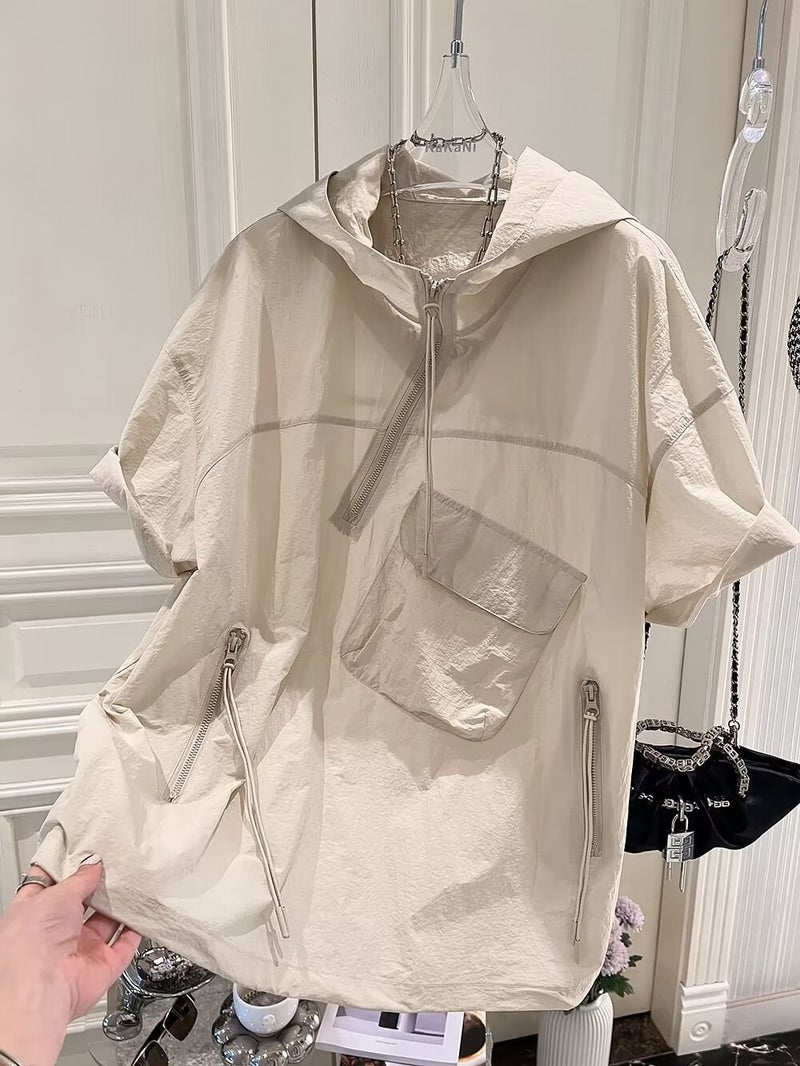 Casual Shirt Short-Sleeved Hooded Sunscreen Shirt Shirt Men'S Summer Port Style Irregular All-Match T-Shirt - Image 1