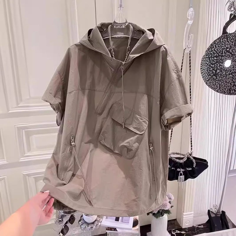 Casual Shirt Short-Sleeved Hooded Sunscreen Shirt Shirt Men'S Summer Port Style Irregular All-Match T-Shirt - Image 2